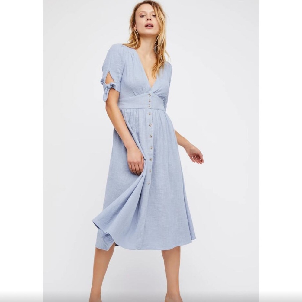 Free People L Love Of My Life Blue Romantic Cottage Deep V Midi Dress Boho